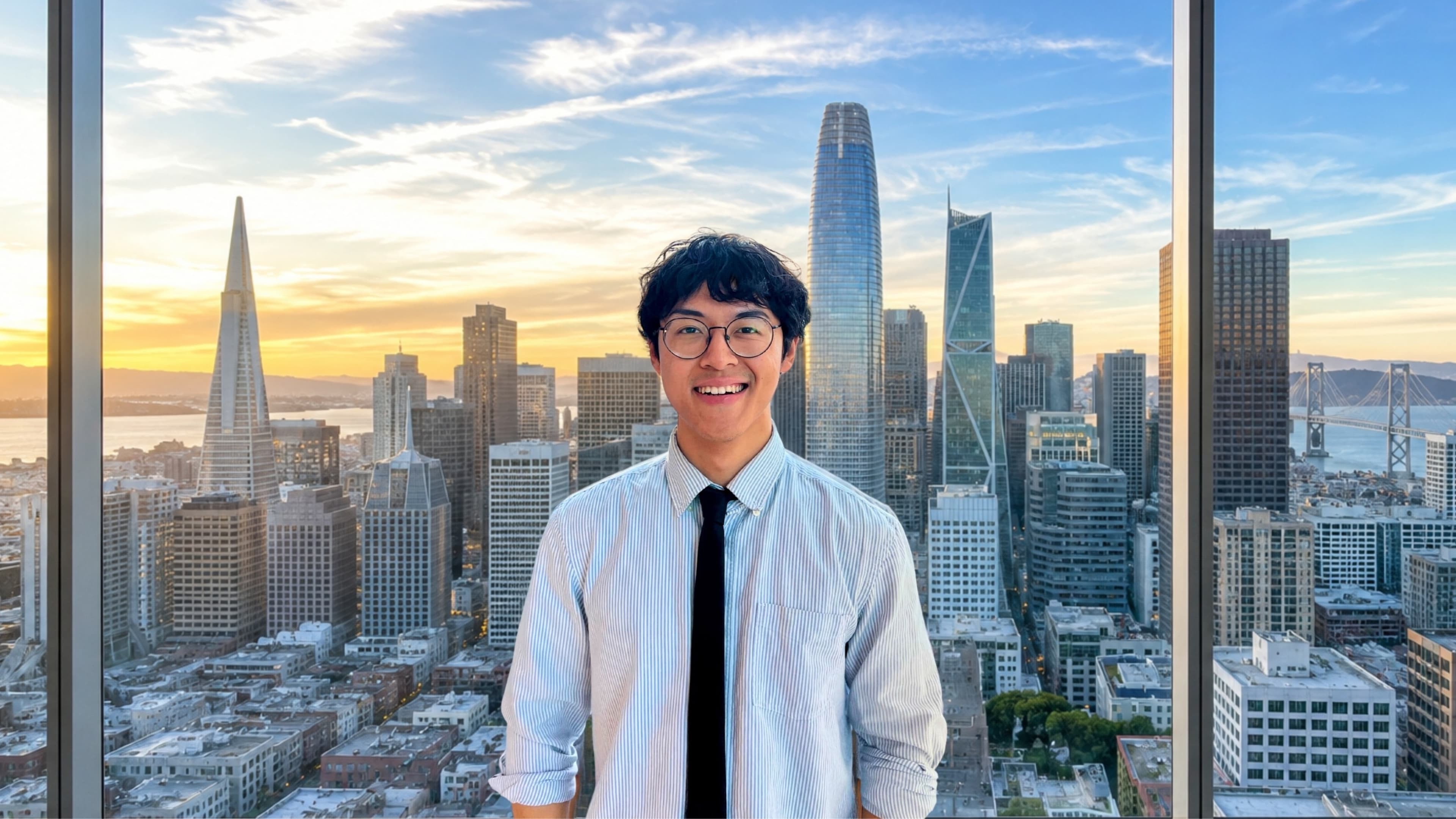 TJ Ho in San Francisco, downtown skyline at sunset behind him