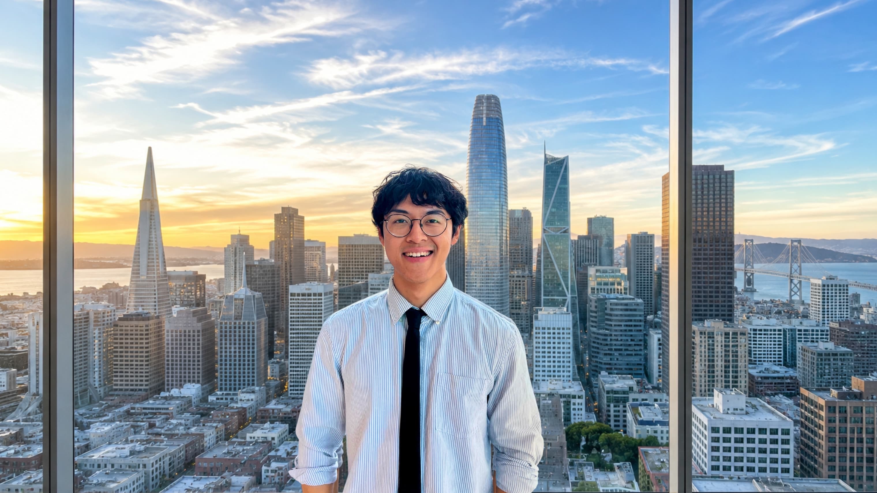 TJ Ho in San Francisco, downtown skyline at sunset behind him
